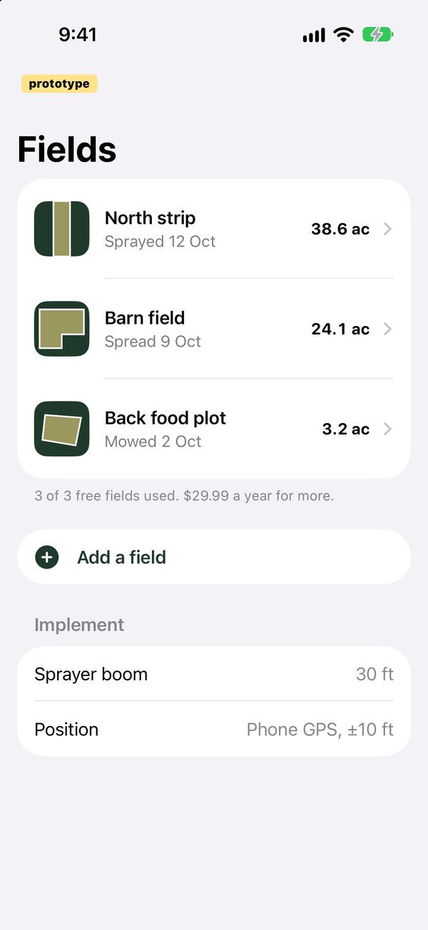 Prototype screen: a field list with three fields, each with its acres and last pass